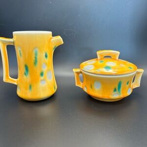 Yellow Orange with green Glazed Ceramic Creamer and Covered Sugar Bowl Set